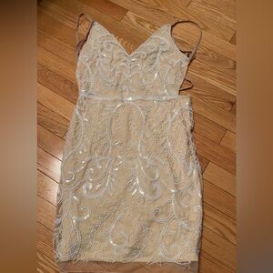 Lulu's Cream and Silver Backless Dress